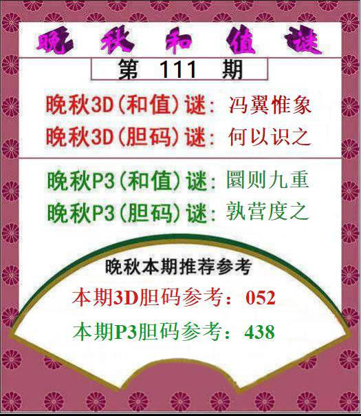 福彩3D晚秋和值图谜